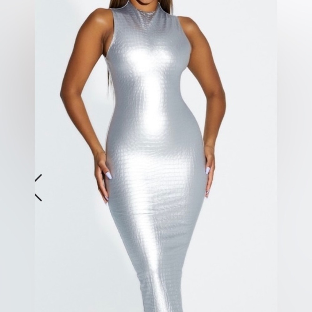 NWT Naked Wardrobe silver croc midi dress